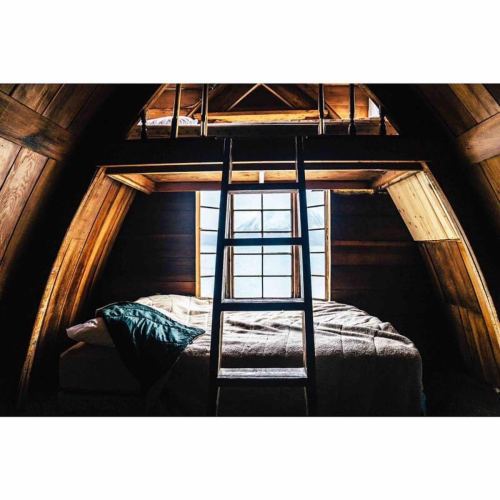 Cozy wooden interior of a cabin with a loft bed, ladder, and large window letting in natural light.