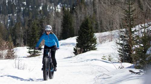 A person rides a fat bike on a snowy trail surrounded by trees and mountains.
