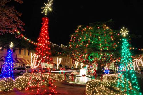 Colorful Christmas lights adorn trees and a fountain in a festive nighttime scene.
