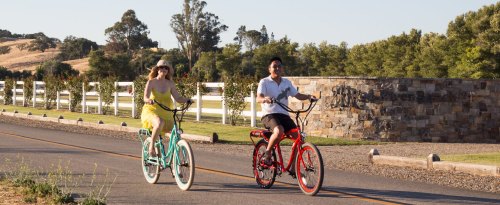 Two people ride colorful bicycles along a scenic path with greenery and a stone sign in the background.