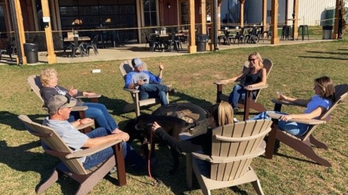 A group of six people sitting in Adirondack chairs outdoors, enjoying a sunny day with a dog in the center.