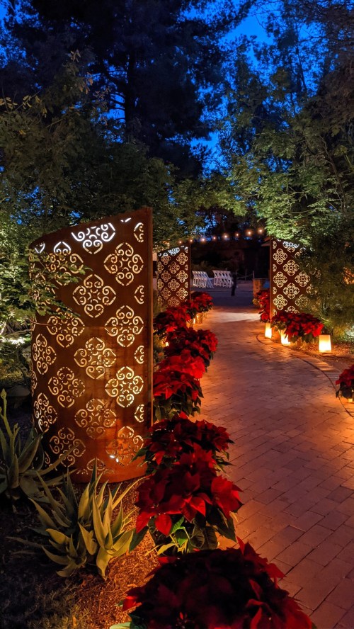 A beautifully lit garden path with decorative gates, surrounded by poinsettias and soft glowing lanterns at dusk.