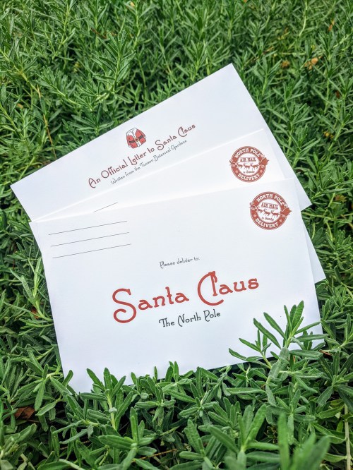 Two envelopes addressed to Santa Claus at the North Pole, resting on a bed of green foliage.