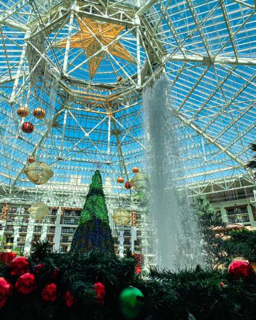 A festive indoor atrium with a tall Christmas tree, colorful ornaments, and a water feature under a glass ceiling.
