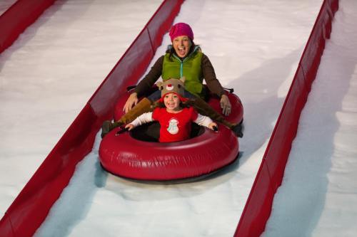 A woman and a child joyfully slide down a snowy slope on inflatable tubes, both wearing winter hats.