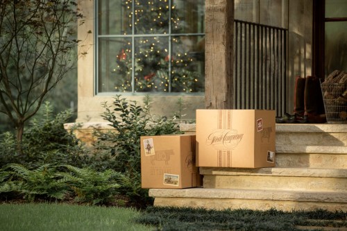 Two large cardboard boxes sit on a stone porch, with a decorated Christmas tree visible through a window behind them.