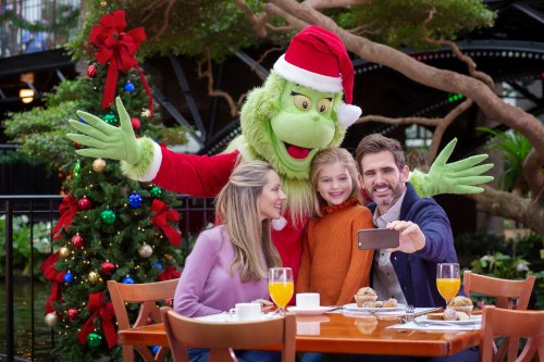 A family takes a selfie with the Grinch in a festive setting, featuring a Christmas tree and holiday decorations.