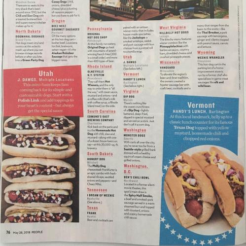 A magazine page featuring hot dog stands from various U.S. states, highlighting unique offerings and locations.