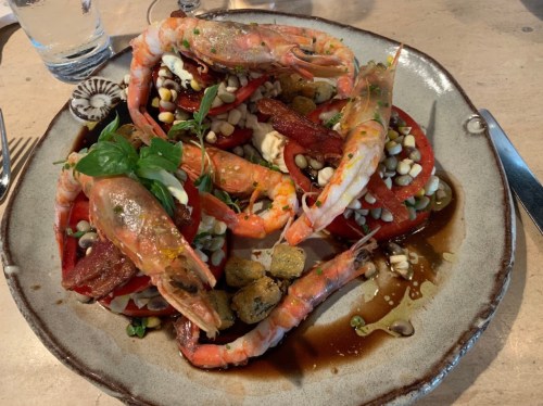 A plate of large shrimp atop a colorful salad with corn, tomatoes, and garnishes, drizzled with sauce.