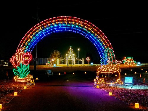 Colorful illuminated archway with flowers and festive decorations, leading to a pathway at night.