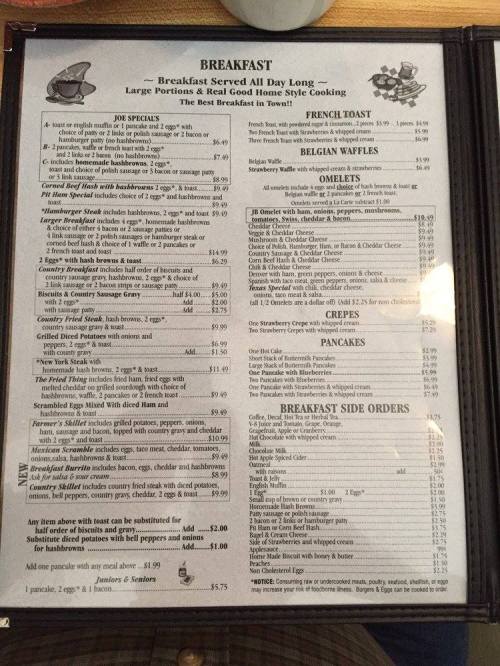 Menu for a breakfast restaurant featuring items like waffles, omelets, crepes, and pancakes with prices listed.