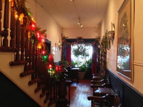A festive hallway decorated with colorful lights and greenery, featuring a staircase and potted plants.