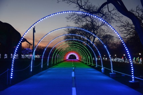 A colorful light tunnel with blue, green, and red lights, set against a twilight sky. Trees are silhouetted in the background.