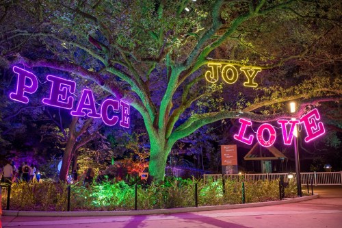 A vibrant tree illuminated with neon signs reading "Peace," "Joy," and "Love" in a colorful outdoor setting.