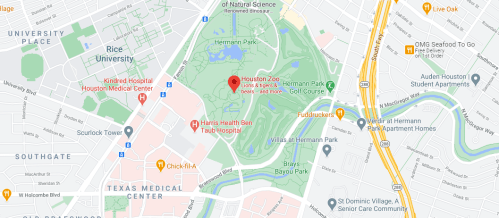 Map of Houston, highlighting Hermann Park, Houston Zoo, and nearby hospitals and landmarks.