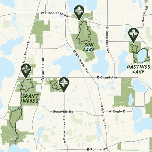Map showing locations of Grant Woods, Sun Lake, Hastings Lake, and surrounding areas with marked trails and roads.