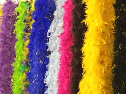 Colorful feather boas in various shades, including purple, blue, green, white, pink, black, and yellow, hanging in a row.