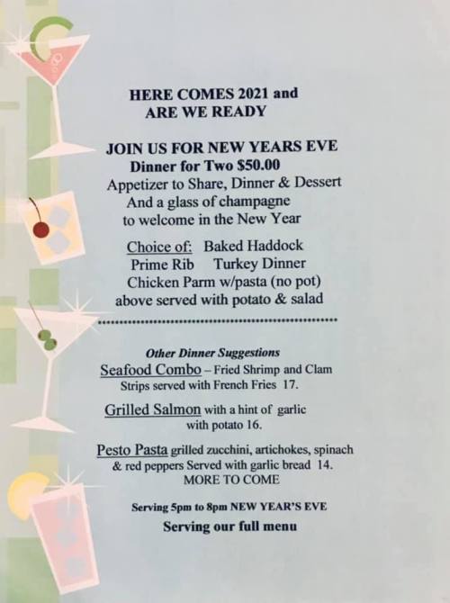 New Year's Eve dinner menu featuring appetizers, entrees, and dessert options for $50 per person.