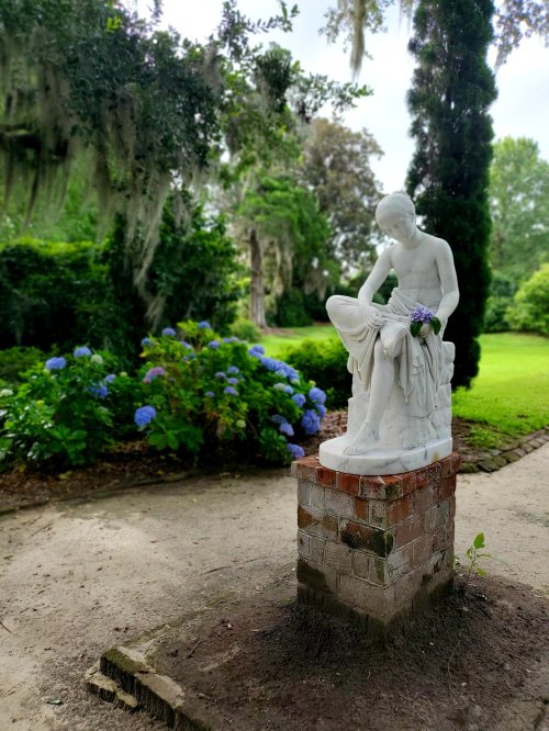 A white statue of a seated figure holding flowers, surrounded by lush greenery and blue hydrangeas.