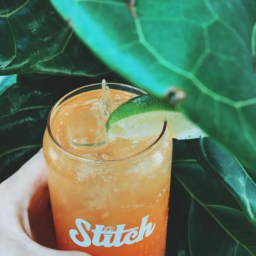 A hand holding a glass of orange drink with a lime wedge, surrounded by green leaves.