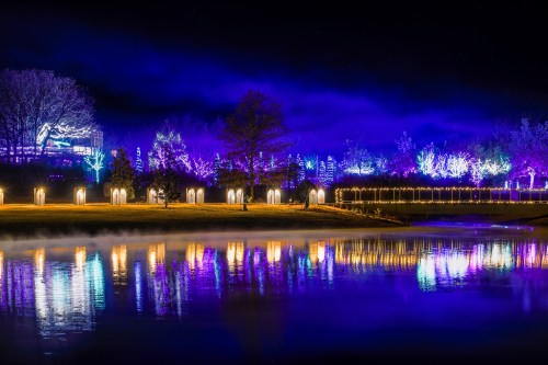 A serene night scene with colorful lights reflecting on a calm lake, surrounded by trees and illuminated structures.