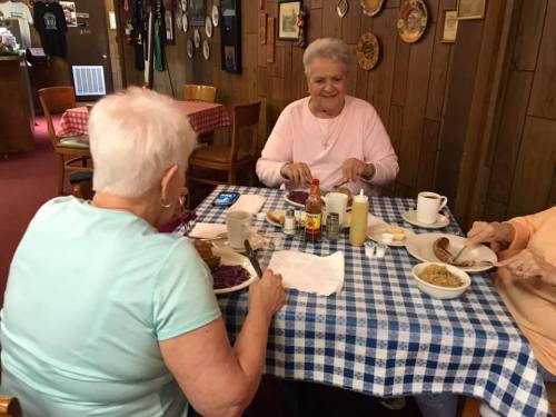 Two older women enjoy a meal at a cozy restaurant, seated at a checkered tablecloth with plates of food.