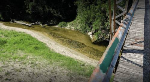 A view from a bridge overlooking a shallow, clear stream with grassy banks and fallen logs.