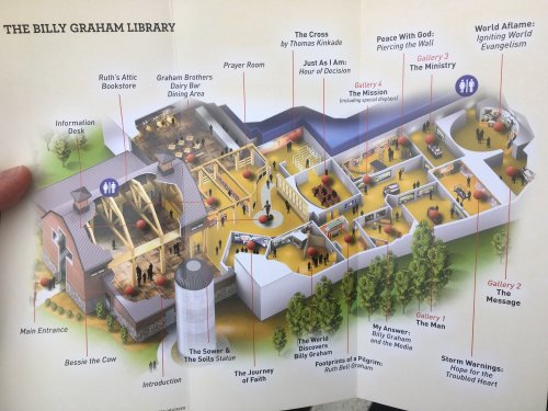 Map of the Billy Graham Library, showing various exhibits, rooms, and areas like the Prayer Room and Gallery 3.