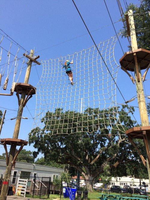 A person climbs a large rope net structure at an outdoor adventure park, surrounded by trees and blue sky.