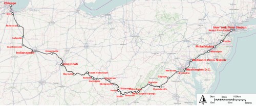 Map showing a train route from Chicago to Washington D.C., with major stops including Indianapolis, Cincinnati, and New York.