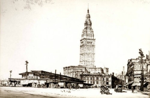 A detailed ink drawing of a tall tower building beside a market area with vintage vehicles and structures.