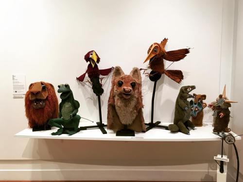 A display of colorful puppets, including animals like a lion, frog, fox, and bird, arranged on a shelf against a white wall.
