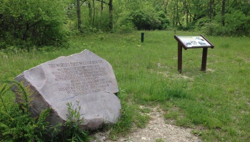 A large stone marker and informational sign in a grassy area, commemorating the world's first nuclear reactor.