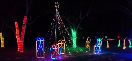 Colorful holiday lights illuminate a tree and gift shapes in a dark park, creating a festive nighttime scene.