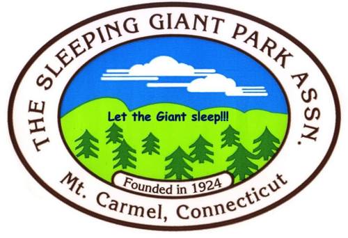 Logo of The Sleeping Giant Park Association, featuring mountains, clouds, and trees with the text "Let the Giant sleep!!!"