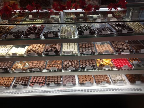 A display case filled with a variety of chocolates and confections in different shapes and colors.