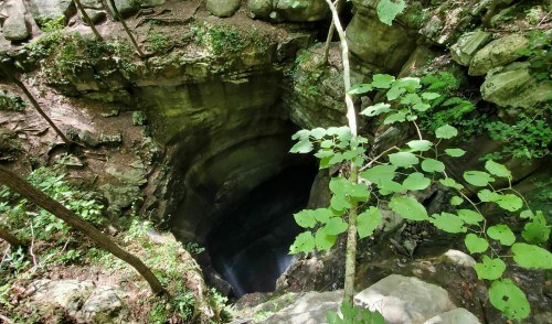 A deep, dark cave surrounded by lush greenery and rocky terrain, viewed from above.