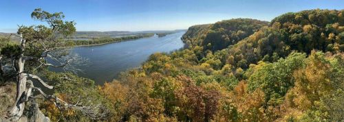 A panoramic view of a river winding through colorful autumn foliage and rolling hills under a clear blue sky.