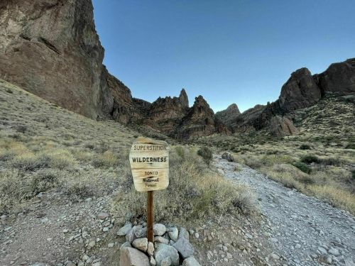 Sign for Superstition Wilderness in Tonto National Forest, surrounded by rocky cliffs and desert landscape.