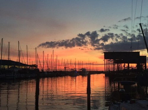 Sunset over a marina, with silhouetted masts and reflections on the water, creating a serene and colorful scene.