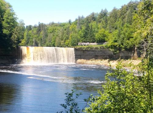 A scenic view of a waterfall cascading into a river, surrounded by lush green trees and a clear blue sky.
