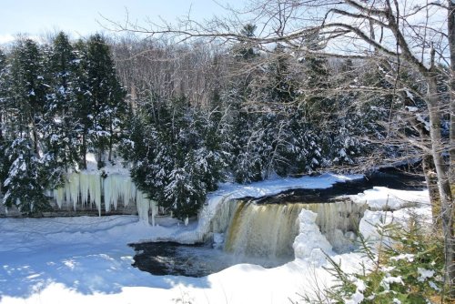 A snowy landscape featuring a waterfall surrounded by evergreen trees and icicles, creating a serene winter scene.