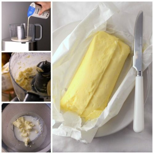 Collage of butter-making steps: pouring ingredients, mixing, straining, and a block of butter on a plate with a knife.