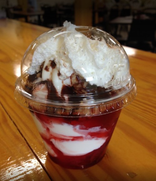 A clear cup filled with layers of ice cream, chocolate syrup, and whipped cream, sitting on a wooden table.