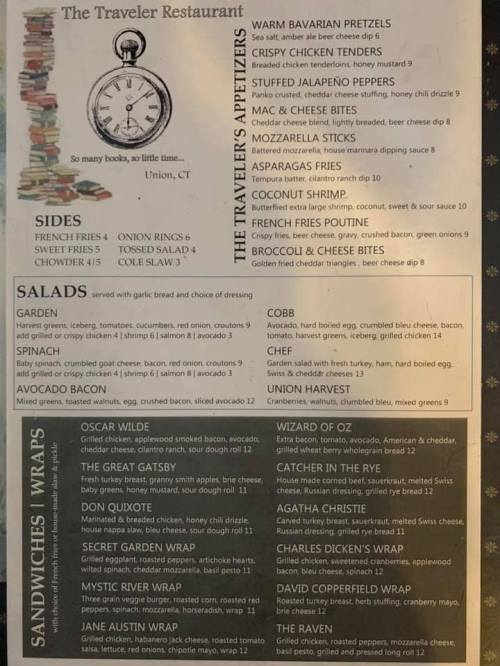 Menu from The Traveler Restaurant featuring appetizers, sides, salads, and sandwiches with various options listed.