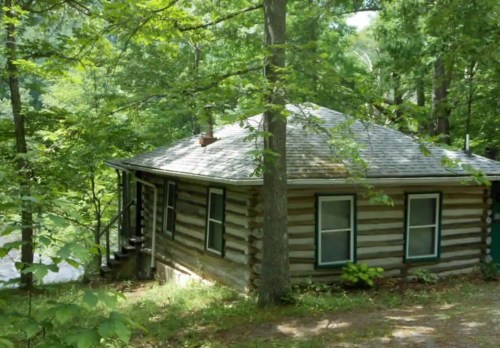 A rustic log cabin surrounded by lush green trees and foliage, with a sloped roof and multiple windows.