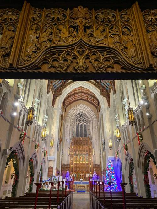 Interior of a beautifully decorated church, featuring ornate woodwork, a tall altar, and festive holiday decorations.