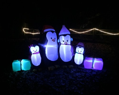 A group of illuminated penguin decorations wearing festive hats, surrounded by colorful gift boxes in a dark setting.