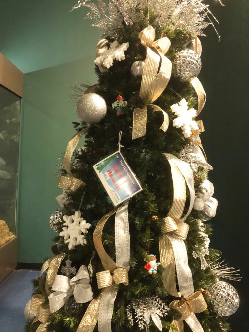 A decorated Christmas tree with silver ornaments, ribbons, and snowflakes, set against a dark green wall.