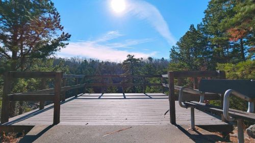 A wooden observation deck surrounded by trees, with a bright sun shining in a clear blue sky.
